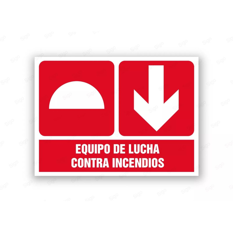 Rótulo Contra Incendios - Equipo de lucha contra incendios flecha abajo | Cod. CI- 899, Señales de Incendio