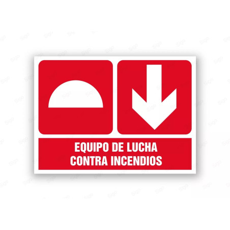 Rótulo Contra Incendios - Equipo de lucha contra incendios flecha abajo | Cod. CI- 899, Señales de Incendio