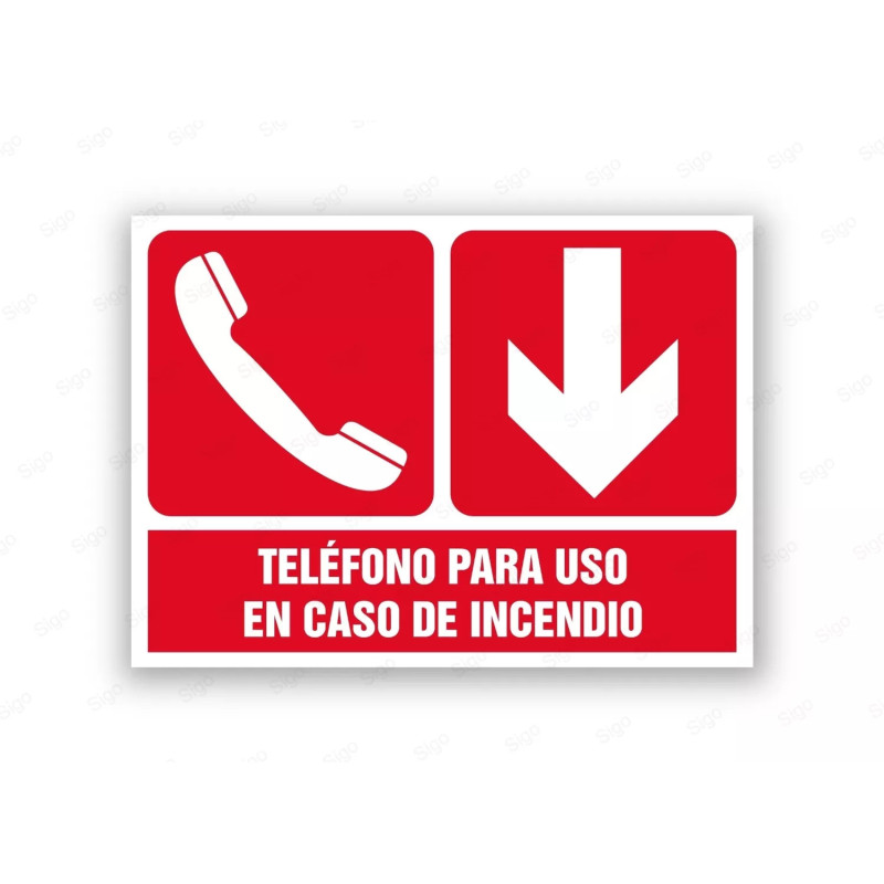 Rótulo Contra Incendios - Teléfono para uso en caso de incendio flecha abajo | Cod. CI- 905, Señales de Incendio