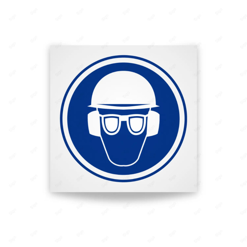 Rótulo de Obligación - Uso obligatorio de casco, gafas y protectores auditivos | Cod. OB-432, Señales de Obligación
