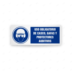 Rótulo de Obligación - Uso obligatorio de casco, gafas y protectores auditivo| Cod. OB-434, Señales de Obligación
