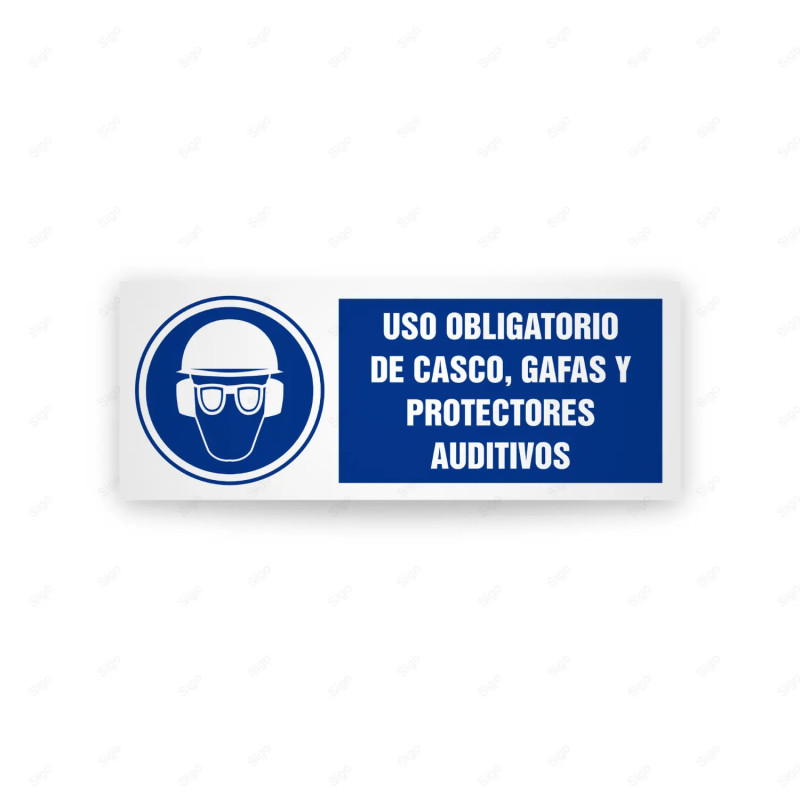 Rótulo de Obligación - Uso obligatorio de casco, gafas y protectores auditivo| Cod. OB-434, Señales de Obligación