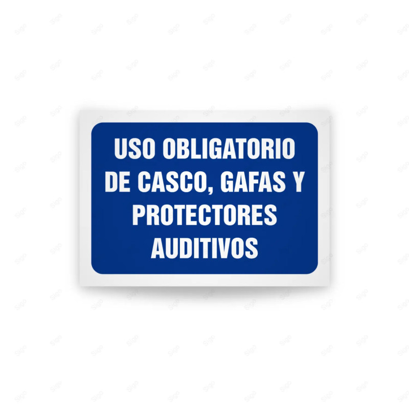 Rótulo de Obligación - Uso obligatorio de casco, gafas y protectores auditivos | Cod. OB-435, Señales de Obligación