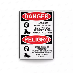 Rótulo de Peligro - Casco, gafas de protección y calzado de seguridad se requiere en esta área en todo momento | Cod. PEL - 46, 