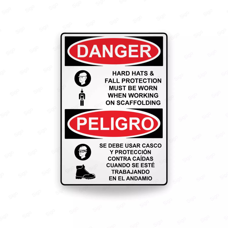 Rótulo de Peligro - Se debe usar casco y protección contra caídas cuando se este trabajando en el andamio  | Cod. PEL - 47, Rótu