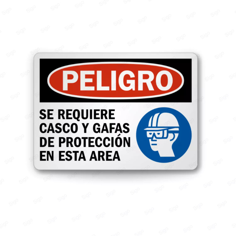 Rótulo de Peligro - Se requiere casco y gafas de protección en esta área | Cod. PEL - 91, Rótulos de Peligro