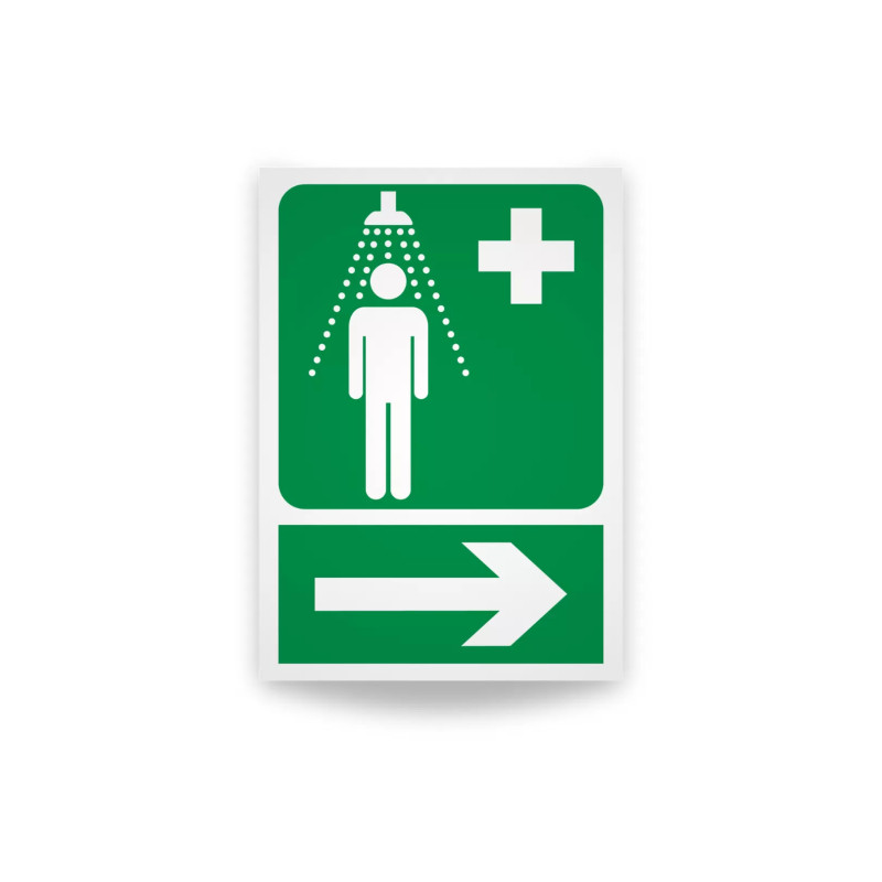 Rotulo de ruta de evacuacion  - Ducha de emergencia flecha derecha| Cod. EV-868 Señalización Seguridad Industrial