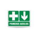 Rotulo de ruta de evacuacion - Primeros auxilios flecha abajo | Cod. EV-887 Señalización Seguridad Industrial