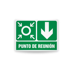 Rotulo de ruta de evacuacion - Punto de reunion flecha abajo | Cod. EV-902 Señalización Seguridad Industrial