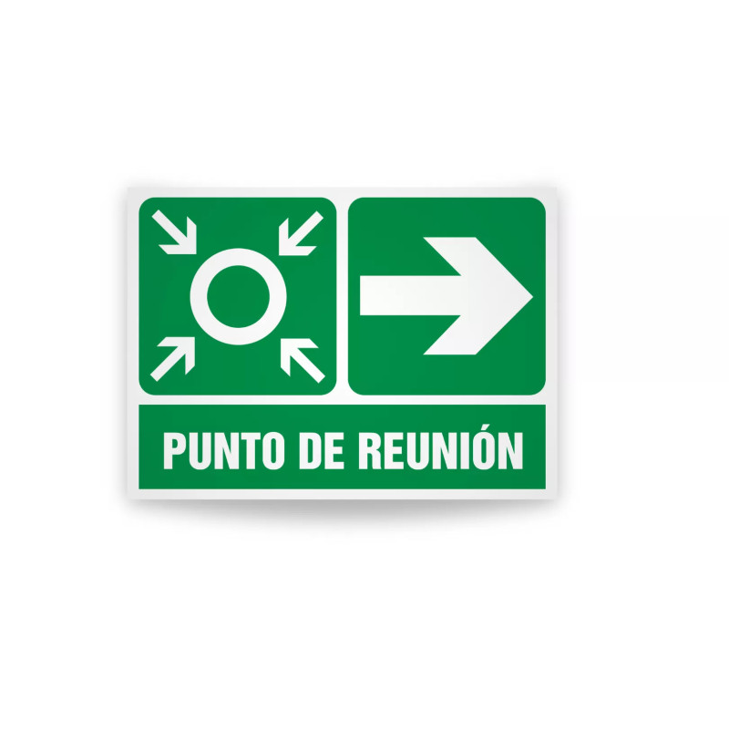 Rotulo de ruta de evacuacion - Punto de reunion flecha derecha | Cod. EV-90 Señalización Seguridad Industrial