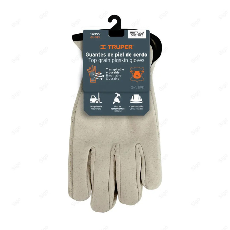 Guantes de Piel de Cerdo con Puño Elástico, Tipo Operador, Truper, Protección de Manos