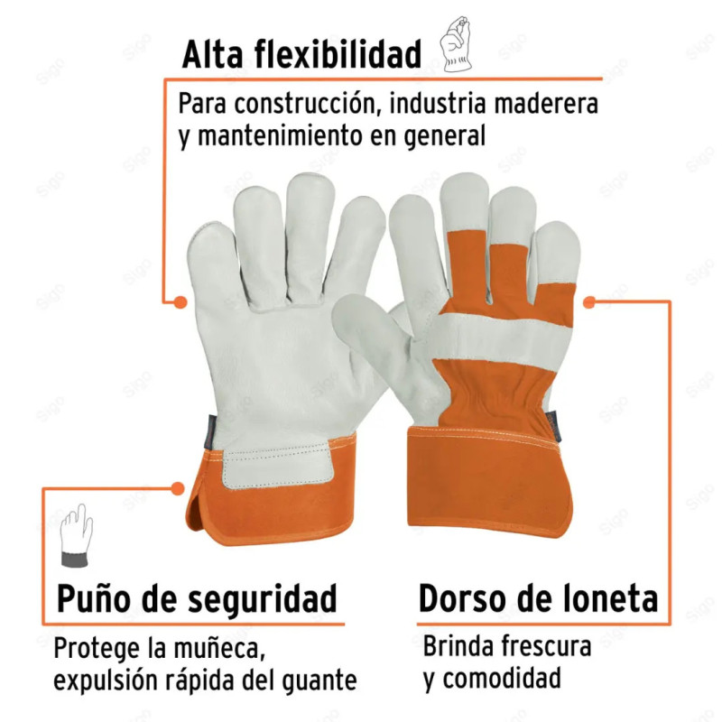 Guantes de Piel de Res y Dorso de Loneta, Truper, Protección de Manos