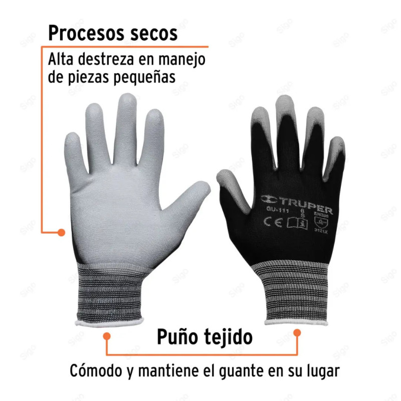 Guantes de Nylon Recubiertos de Poliuretano, S, Protección de Manos