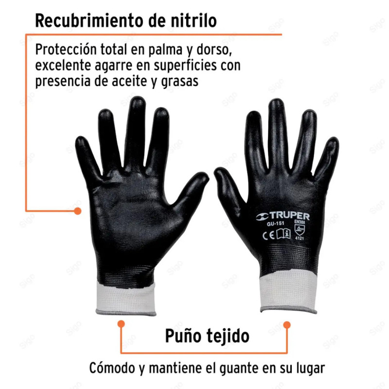 Guantes de Poliéster con Recubrimiento de Nitrilo, S, Protección de Manos