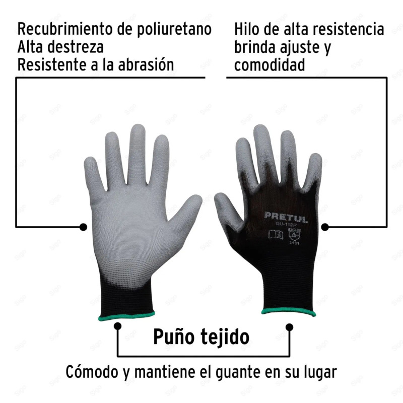 Guantes de nylon recubiertos de poliuretano, Multiples Tallas, Equipo de Protección y Seguridad Industrial