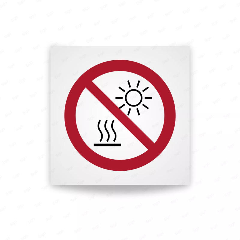 Rotulo prohibicion - No exponer a la luz solar directa ni a una superficie caliente.|Cod. P0068 ISO 7010