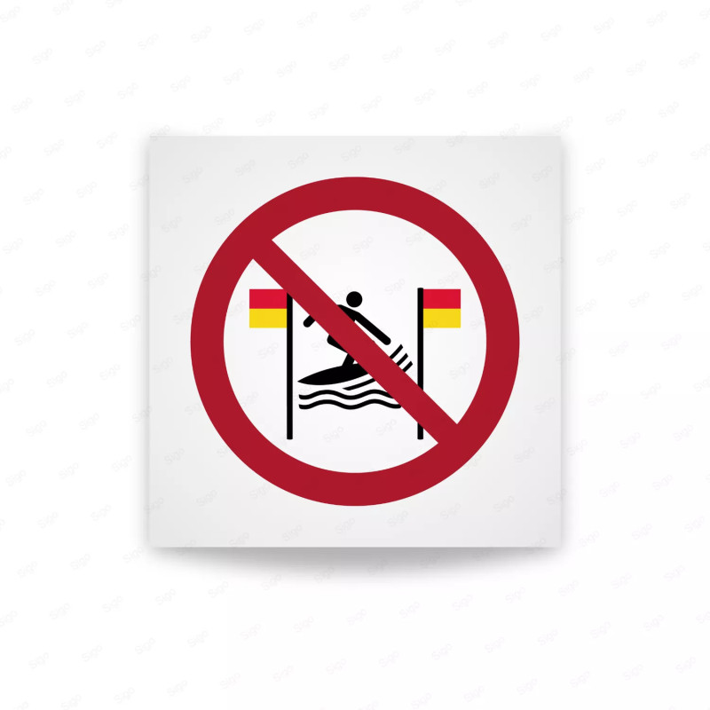 Rotulo prohibicion - Prohibido surfear entre las banderas roja y amarilla|Cod. P0064 ISO 7010