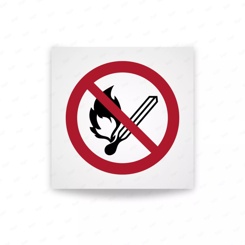 Rotulo prohibicion - Sin llama abierta; Está prohibido hacer fuego, fuentes abiertas de ignición y fumar.|Cod. P003 ISO 7010
