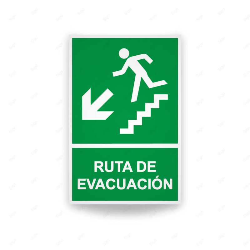 Rótulo de Ruta de Evacuación - Ruta de Evacuación flecha lado izquierdo para descenso|Cod. EV-11 Señales de Emergencia