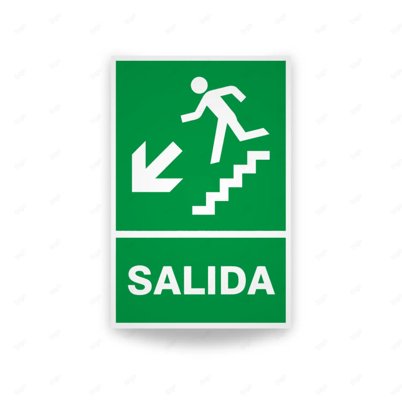 Rótulo de Ruta de Evacuación - Salida flecha abajo lado izquierdo para descenso|Cod. EV-13 Señales de Emergencia