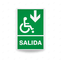 Rótulo de Ruta de Evacuación - Salida Personas Discapacitadas flecha para abajo|Cod. EV-023 Señales de Emergencia