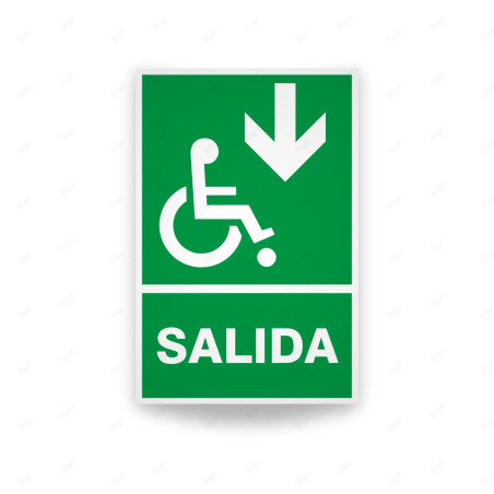 Rótulo de Ruta de Evacuación - Salida Personas Discapacitadas flecha para abajo|Cod. EV-023 Señales de Emergencia