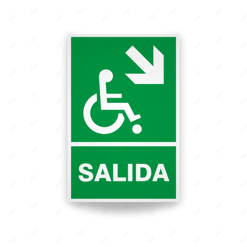 Rótulo de Ruta de Evacuación - Salida Personas Discapacitadas flecha abajo lado derecho|Cod. EV-026 Señales de Emergencia
