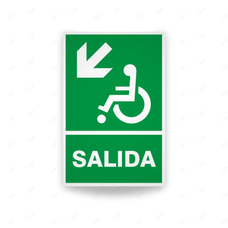 Rótulo de Ruta de Evacuación - Salida Personas Discapacitadas flecha abajo lado izquierdo|Cod. EV-43 Señales de Emergencia