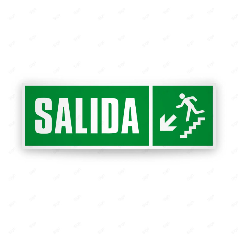 Rótulo de Ruta de Evacuación - Salida de emergencia flecha abajo lado izquierdo|Cod. EV-62 Señales de Emergencia