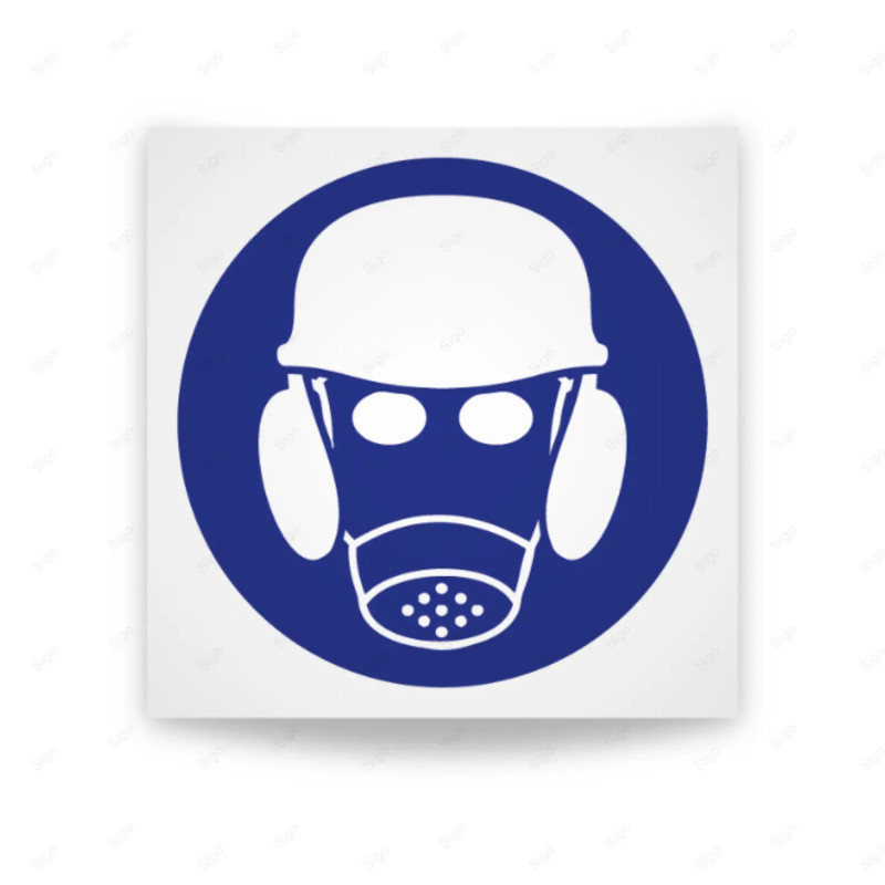 Rótulo de Obligación - Uso obligatorio de mascara de gas, protección auditiva y casco | Cod. OB-017