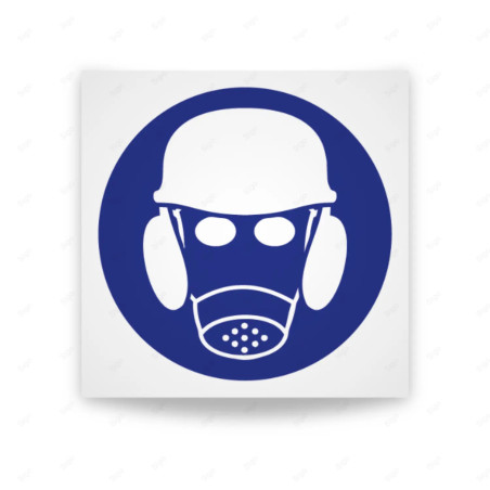 Rótulo de Obligación - Uso obligatorio de mascara de gas, protección auditiva y casco | Cod. OB-017