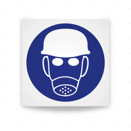 Rótulo de Obligación - Uso obligatorio  de casco de seguridad y de mascara de gas | Cod. OB-020