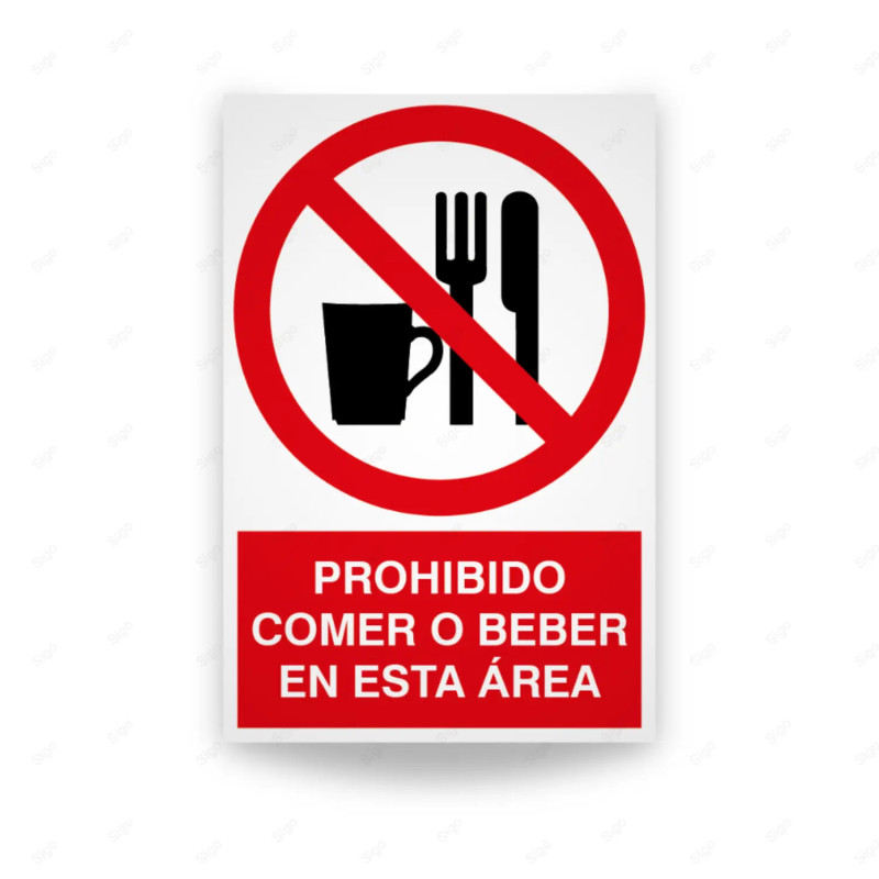 Rótulo de Prohibición - Prohibido comer o beber en esta área | Cod. PR-109