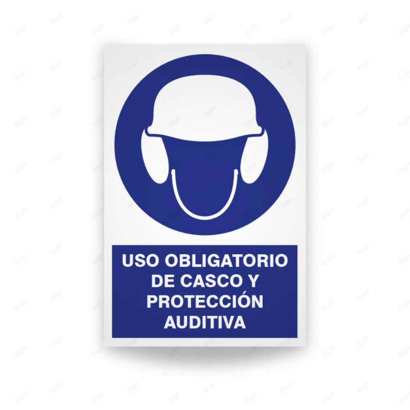 Rótulo de Obligación - Uso obligatorio de casco y protección auditiva| Cod. OB-113