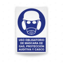Rótulo de Obligación - Uso obligatorio de mascara de gas, protección auditiva y casco | Cod. OB-117
