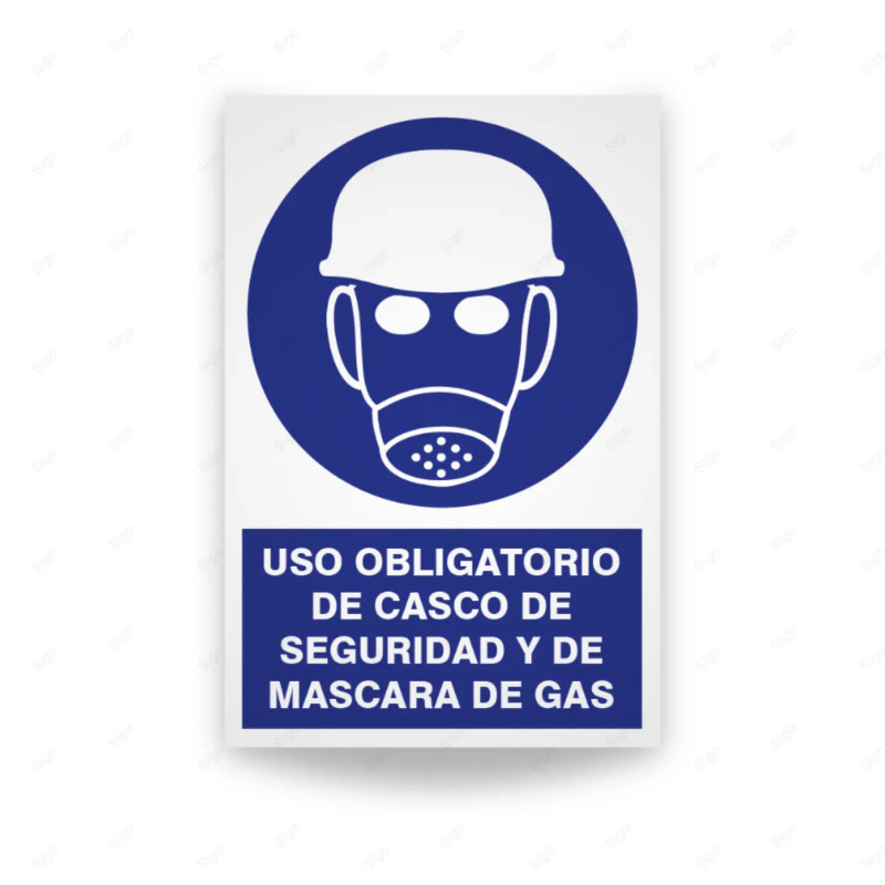 Rótulo de Obligación - Uso obligatorio de casco de seguridad y de mascara de gas | Cod. OB-120