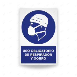 Rótulo de Obligación - Uso obligatorio de respirador y gorro| Cod. OB-140, Señales de Obligación