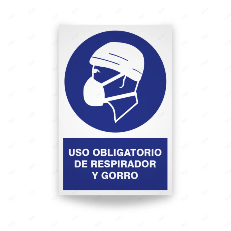 Rótulo de Obligación - Uso obligatorio de respirador y gorro| Cod. OB-140, Señales de Obligación
