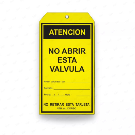 Tarjeta de Seguridad - No Abrir esta Valvula | Cod. TJ - 17, Inicio