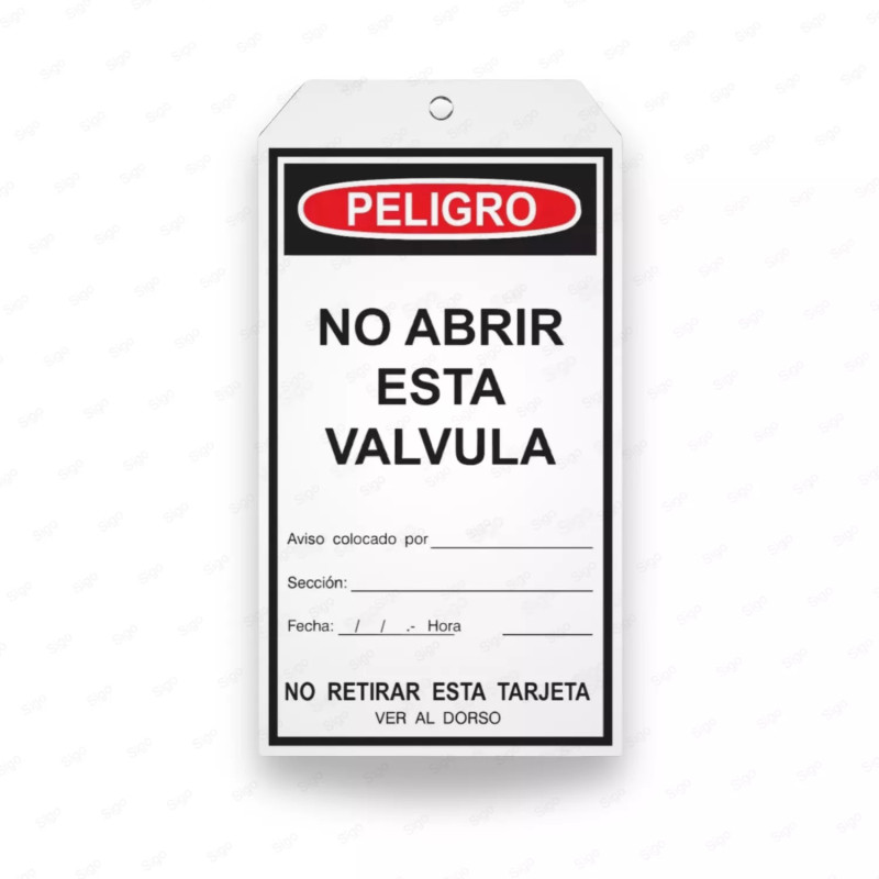 Tarjeta de Seguridad - No Abrir esta Valvula | Cod. TJ - 3, Inicio