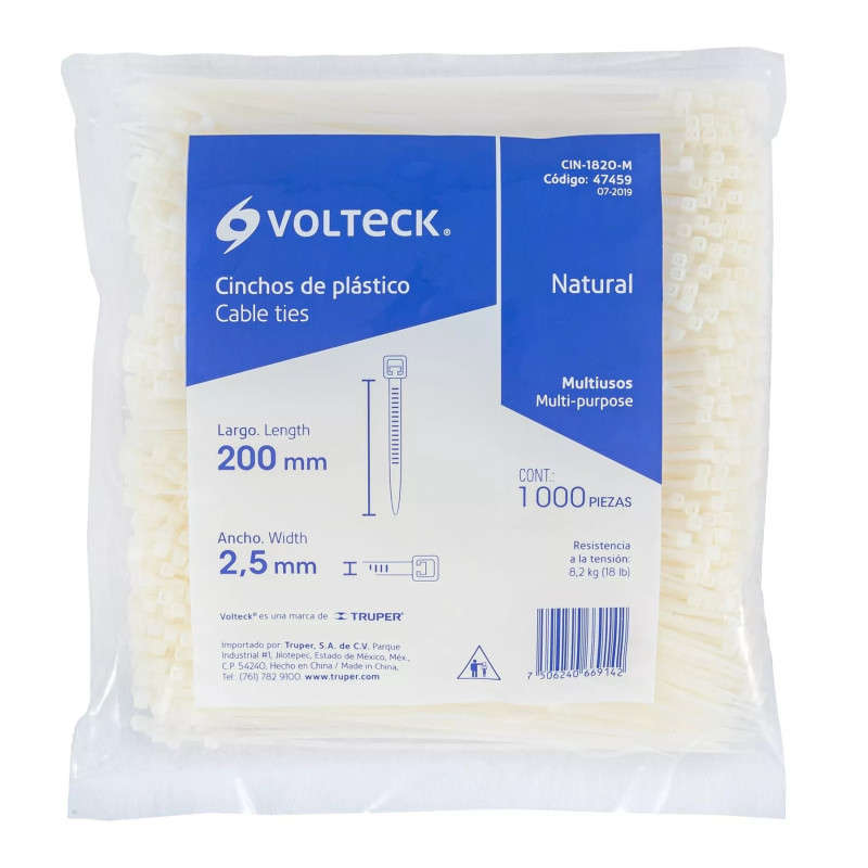 ‣ Bolsa 1000 Cinchos Plásticos 18Lb, 200X2.5Mm Naturales | Volteck