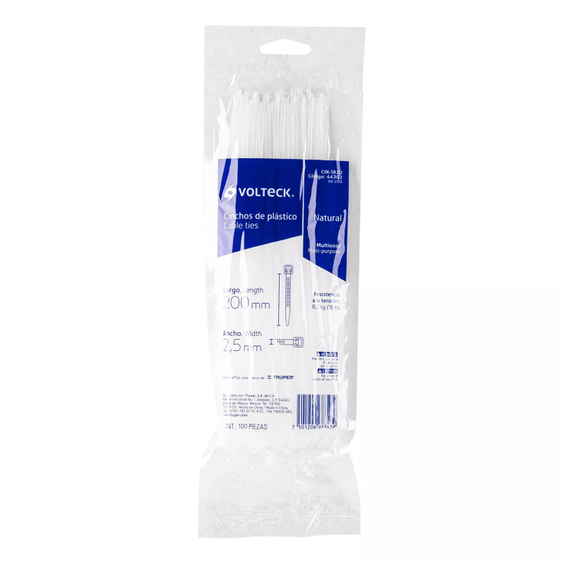 ‣ Bolsa 100 Cinchos Plásticos 18 Lb, 200X2.5 Mm | Volteck