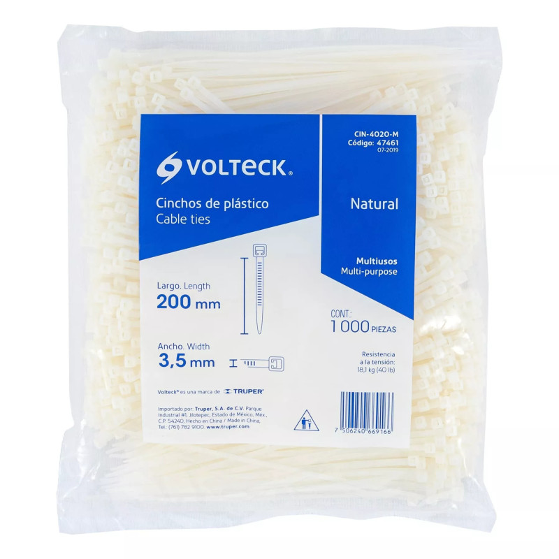 ‣ Bolsa 1000 Cinchos Plásticos 40Lb 200X3.5 Mm Naturales | Volteck