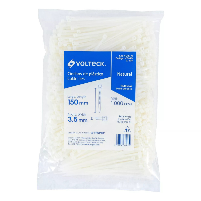 ‣ Bolsa 1000 Cinchos Plásticos 40Lb, 150X3.5Mm | Volteck