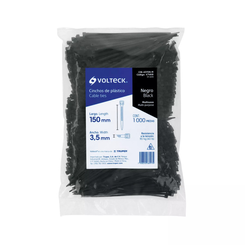 ‣ Bolsa 1000 Cinchos Plásticos 40 Lb, 150X3.5 Mm | Volteck
