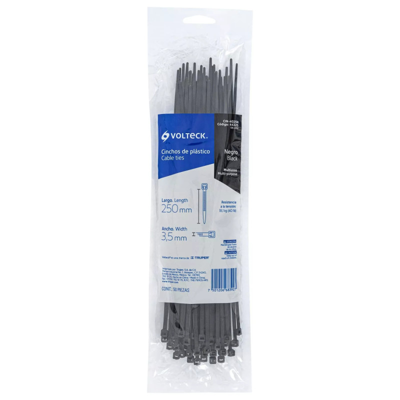 ‣ Bolsa 50 Cinchos Plásticos 40 Lb, 250X3.5 Mm, Negros | Volteck