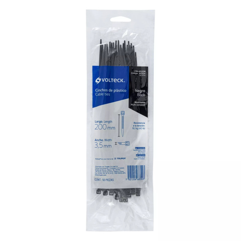 ‣ Bolsa 50 Cinchos Plásticos 40 Lb, 200X3.5 Mm, Negros | Volteck
