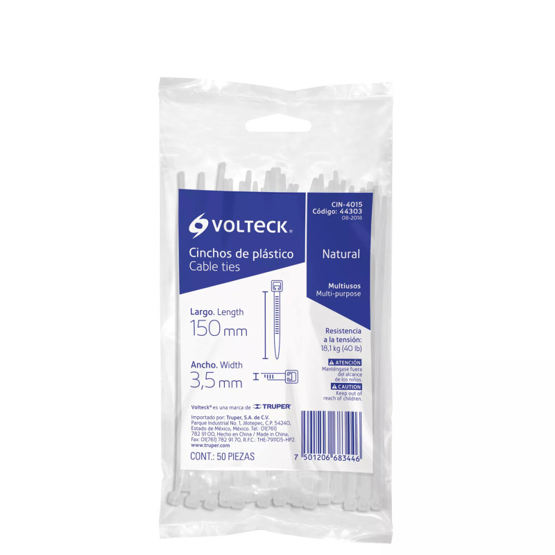 ‣ Bolsa 50 Cinchos Plásticos 40 Lb, 150X3.5 Mm | Volteck