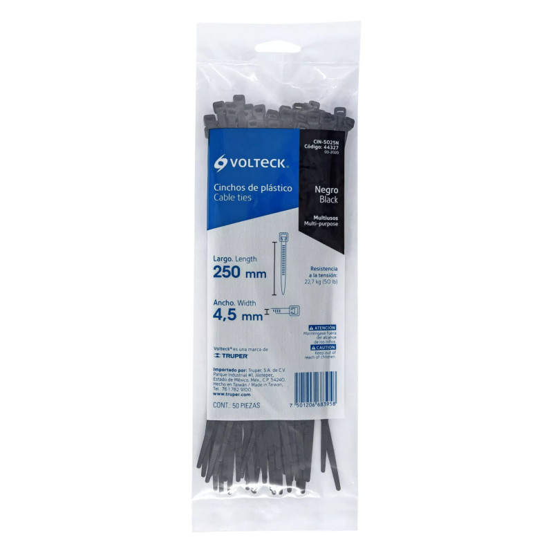 ‣ Bolsa 50 Cinchos Plásticos 50 Lb, 250X4.5 Mm, Negros | Volteck