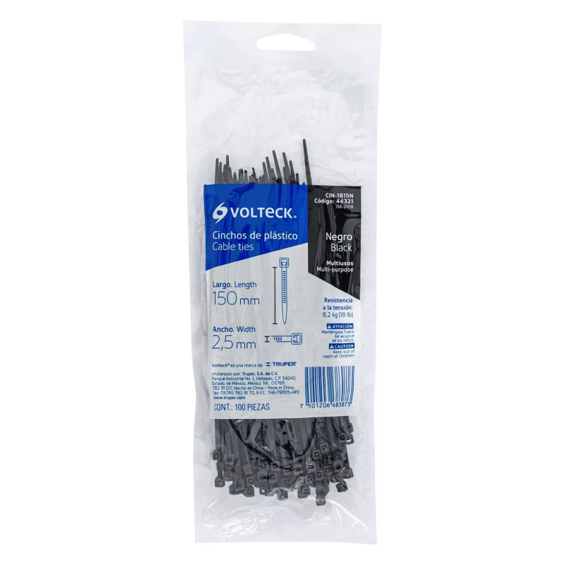 ‣ Bolsa 100 Cinchos Plásticos 18 Lb, 150X2.5 Mm, Negros | Volteck